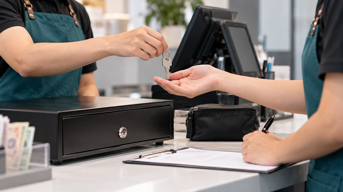 Nhân viên bàn giao chìa khóa két và ký xác nhận tại quầy thu ngân