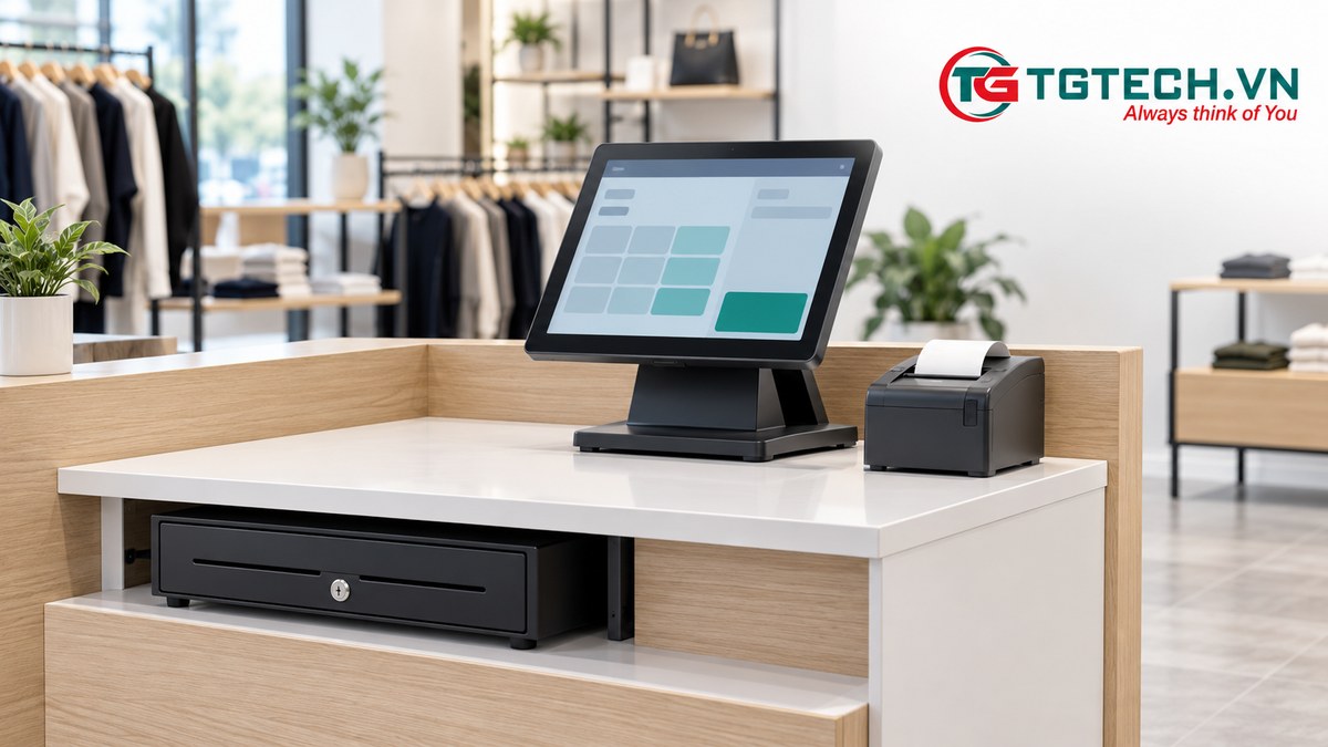 Quầy nhỏ với POS trước vị trí thu ngân, máy in bên cạnh và két dưới quầy