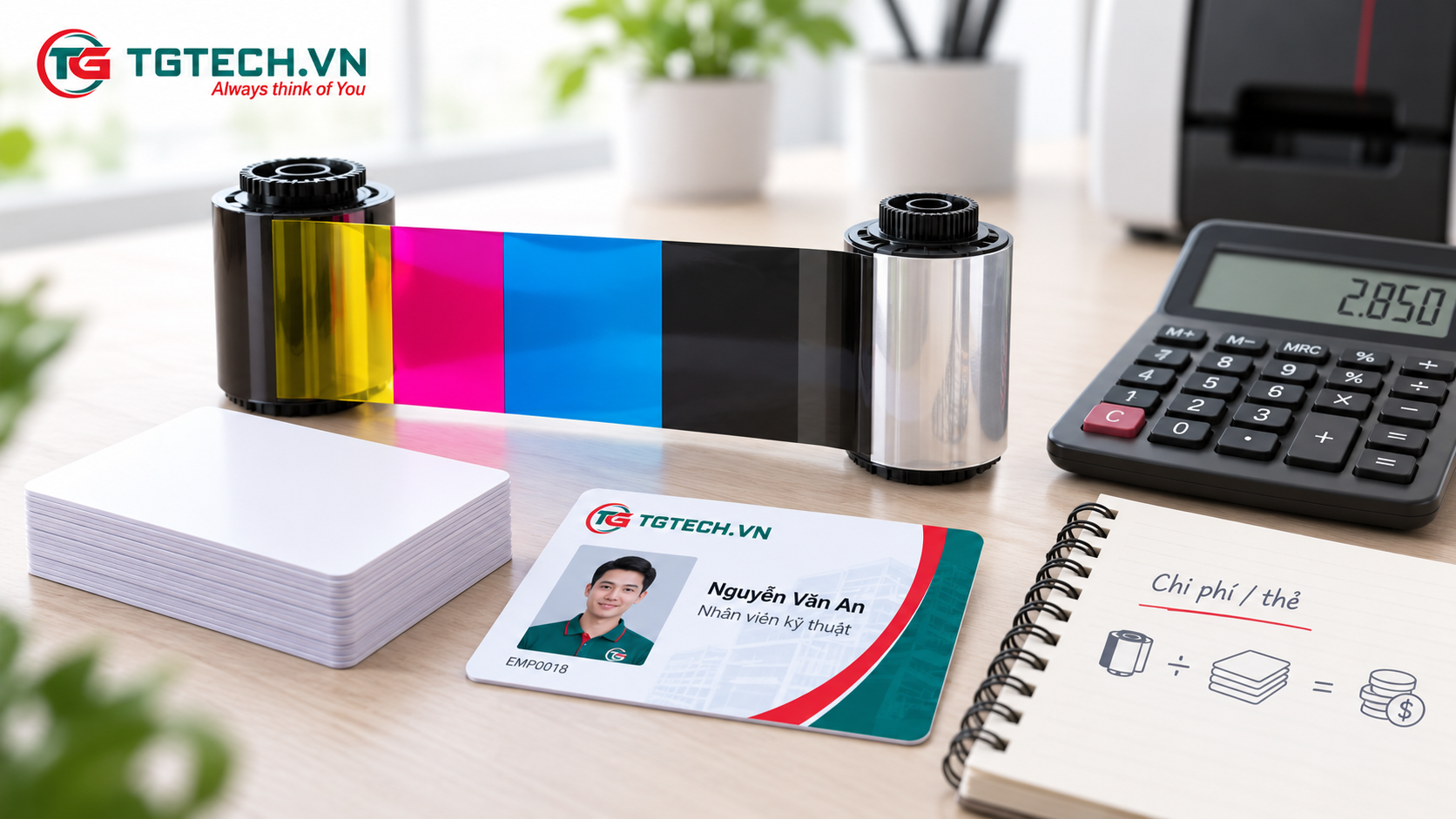 Ribbon máy in thẻ, thẻ thành phẩm và công thức minh họa chi phí trên mỗi thẻ