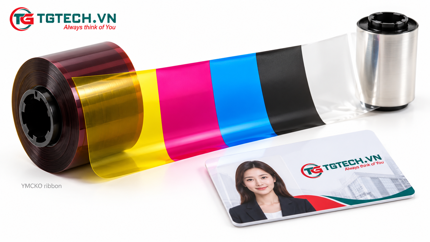Cuộn ribbon YMCKO và thẻ nhựa thành phẩm dùng để minh họa số lần in của ribbon máy in thẻ