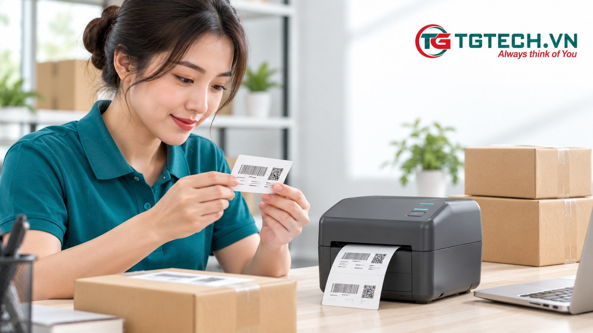 Nhân viên kiểm tra mẫu tem sản phẩm bên cạnh máy in tem để bàn