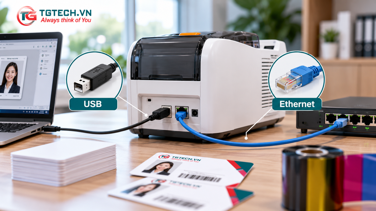 Minh họa đầu cáp USB và Ethernet cùng khu vực cổng kết nối phía sau máy in thẻ