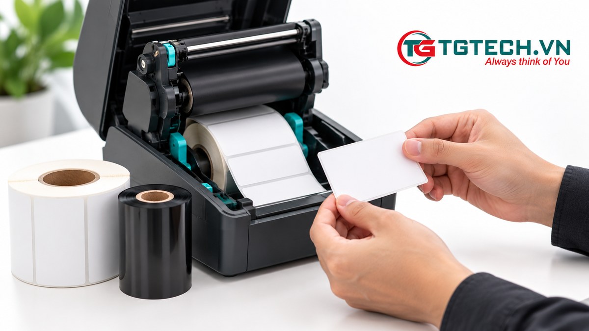 Cuộn decal trắng và ribbon đen cạnh máy in tem nhãn