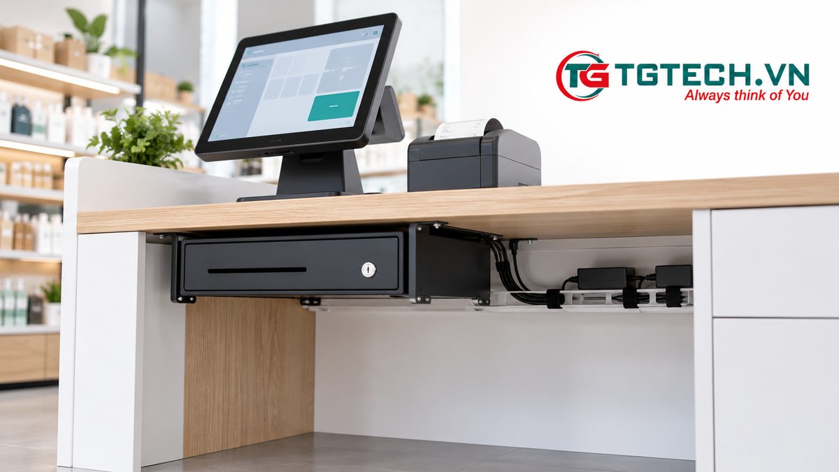 Dây thiết bị được giữ trong máng dưới quầy và tránh đường trượt của két