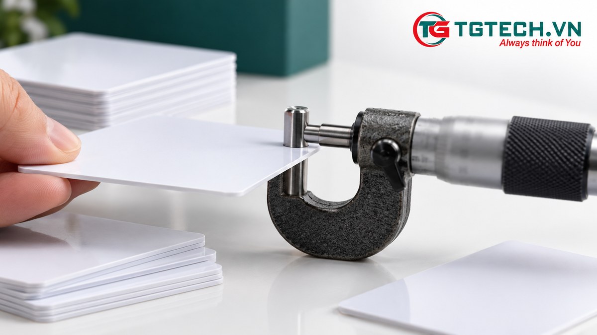 Phôi thẻ trắng và dụng cụ kiểm tra độ dày trên bàn