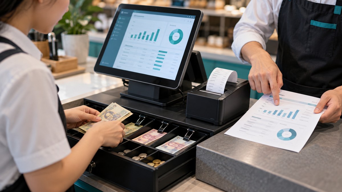Két tiền, báo cáo ca và màn hình POS tại bàn đối chiếu