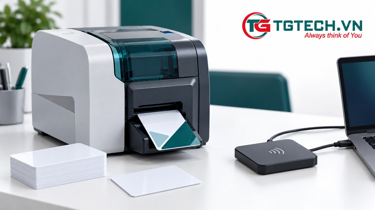 Máy in thẻ và thiết bị đọc ghi thẻ rời trên cùng bàn làm việc