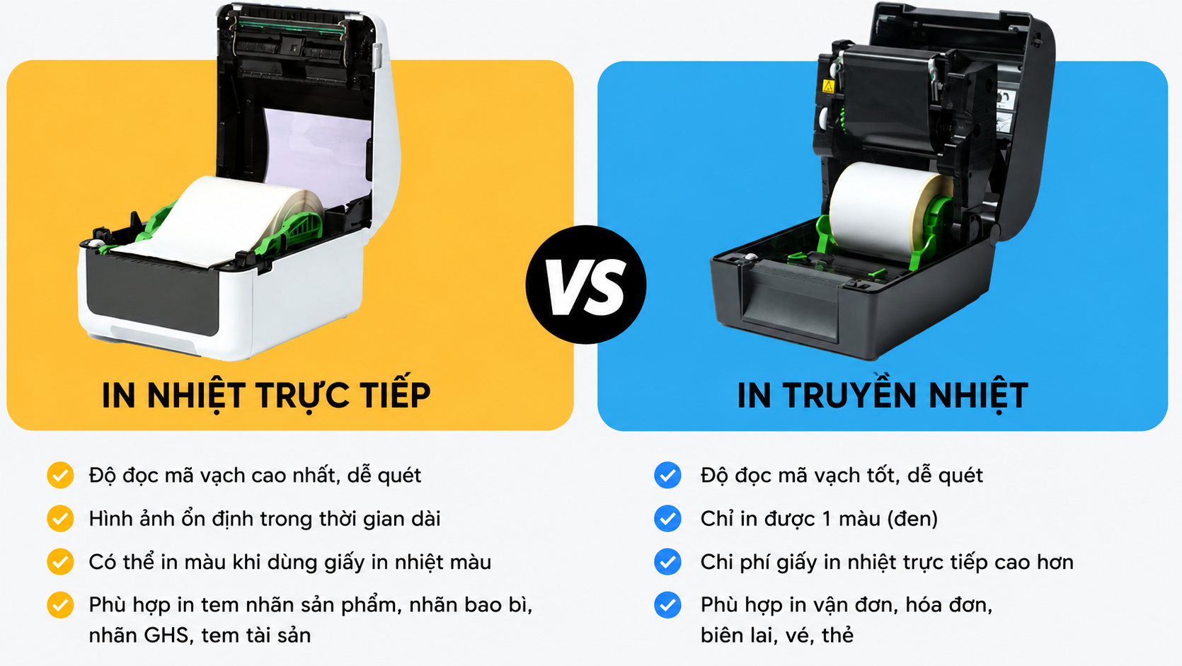 in nhiệt trực tiếp (Direct Thermal) và in truyền nhiệt (Thermal Transfer)