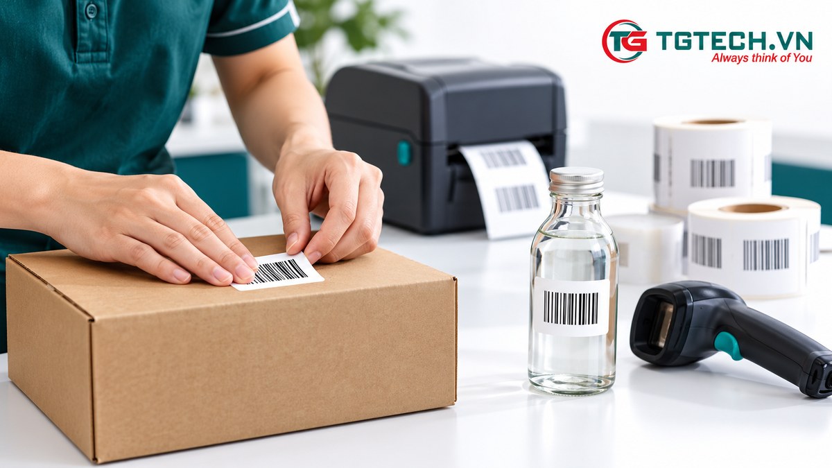 Nhân viên kiểm tra tem mẫu trên hộp carton và chai sản phẩm
