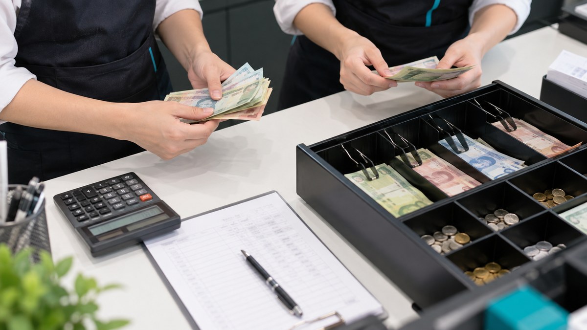 Hai nhân viên kiểm đếm tiền mặt trong khay két thu ngân tại quầy
