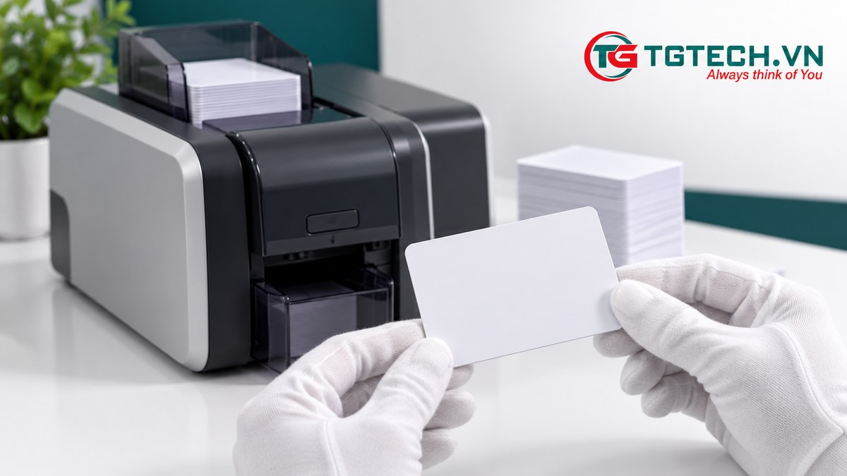 Nhân viên cầm phôi thẻ ở cạnh để kiểm tra trước khi nạp máy in