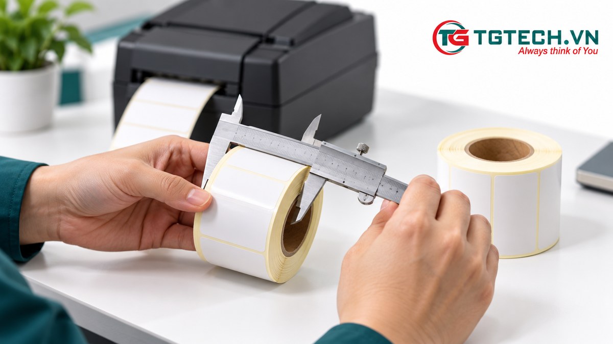Nhân viên kiểm tra cuộn decal bằng thước cặp cạnh máy in