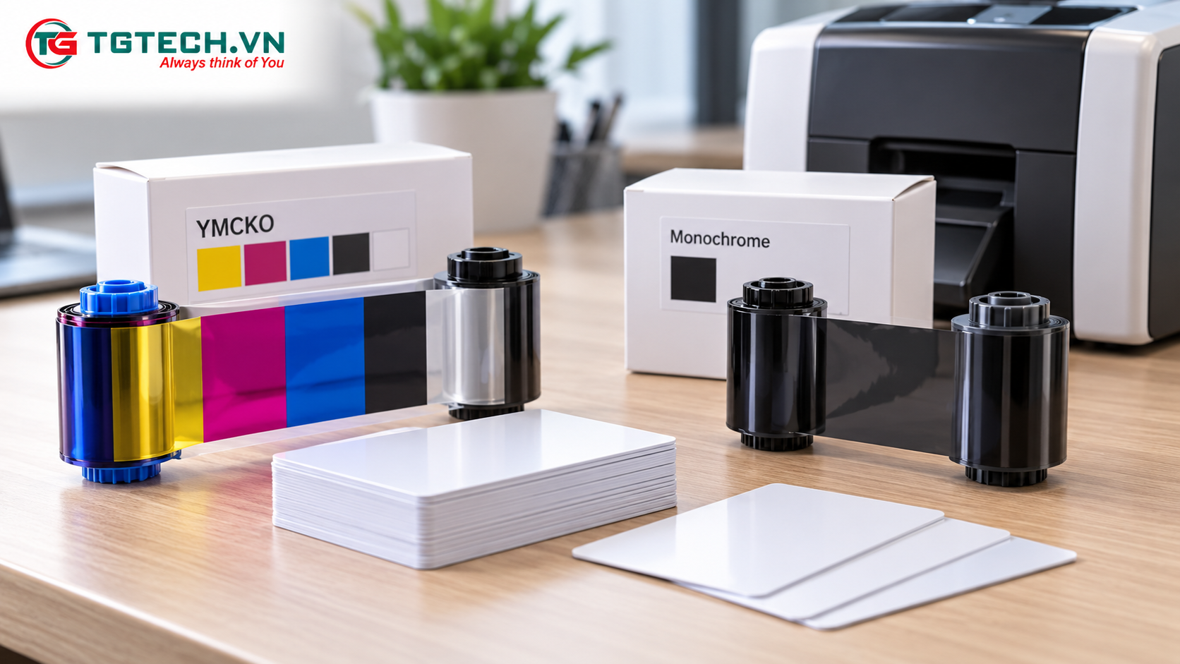 Các vật tư máy in thẻ gồm ribbon và thẻ nhựa đặt trên bàn làm việc để minh họa lựa chọn vật tư phù hợp
