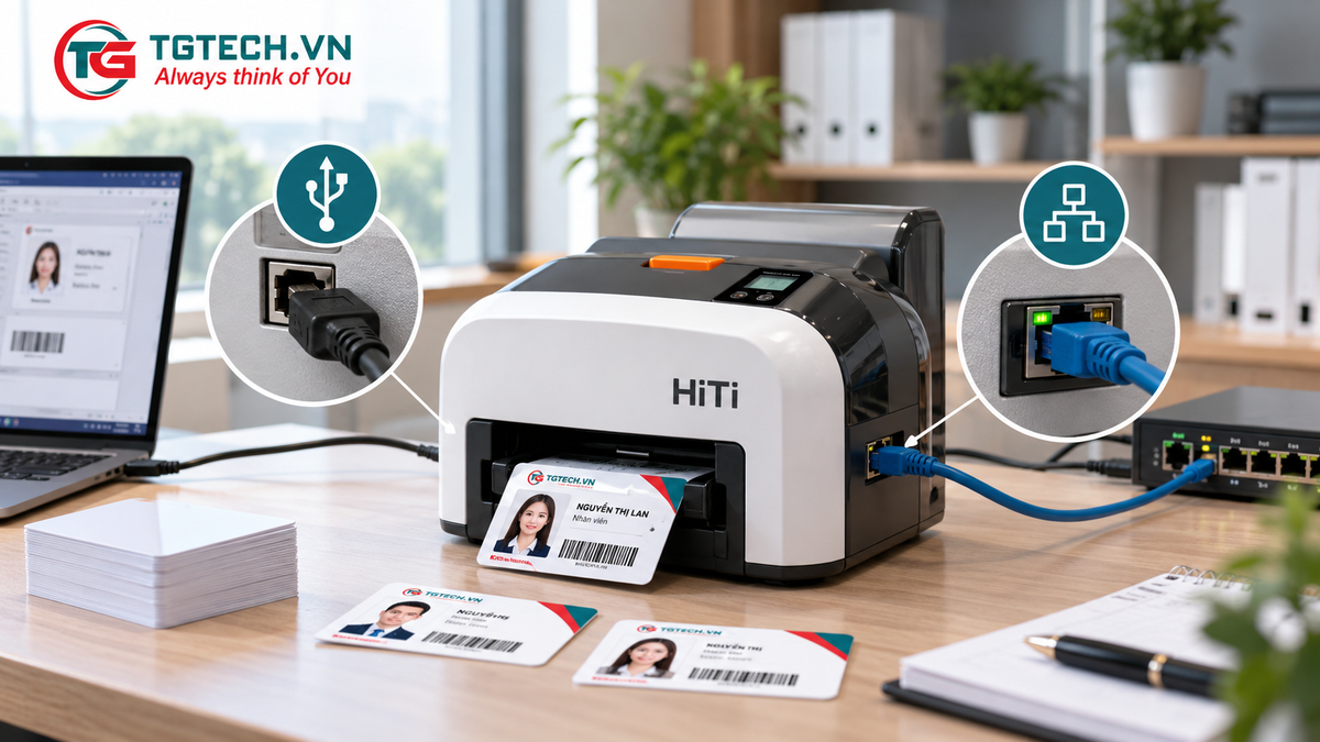 Máy in thẻ nhựa sử dụng cáp Ethernet kết nối với thiết bị mạng LAN trong văn phòng