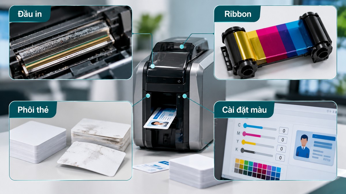 Các nhóm nguyên nhân ảnh hưởng chất lượng in gồm đầu in ribbon phôi thẻ và cài đặt màu