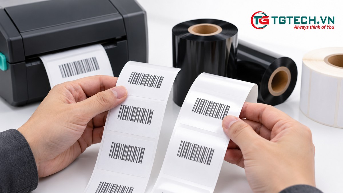 Nhân viên đối chiếu ribbon với mẫu decal giấy và nhãn tổng hợp