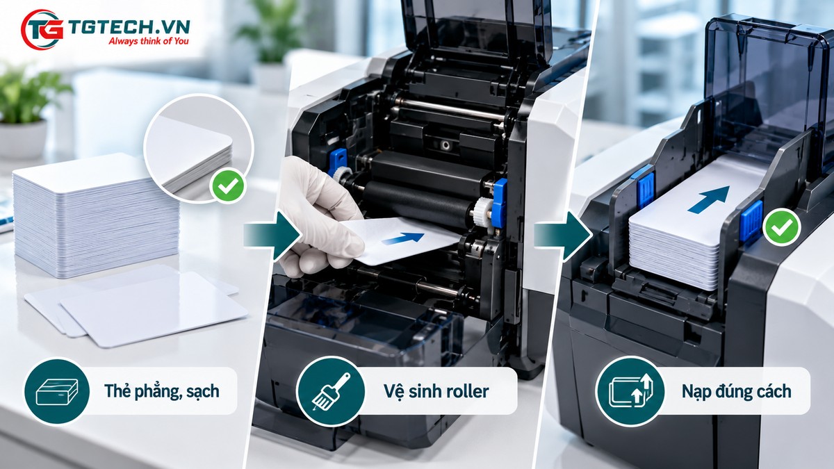 Cách phòng tránh kẹt thẻ bằng phôi sạch vệ sinh roller và nạp thẻ đúng