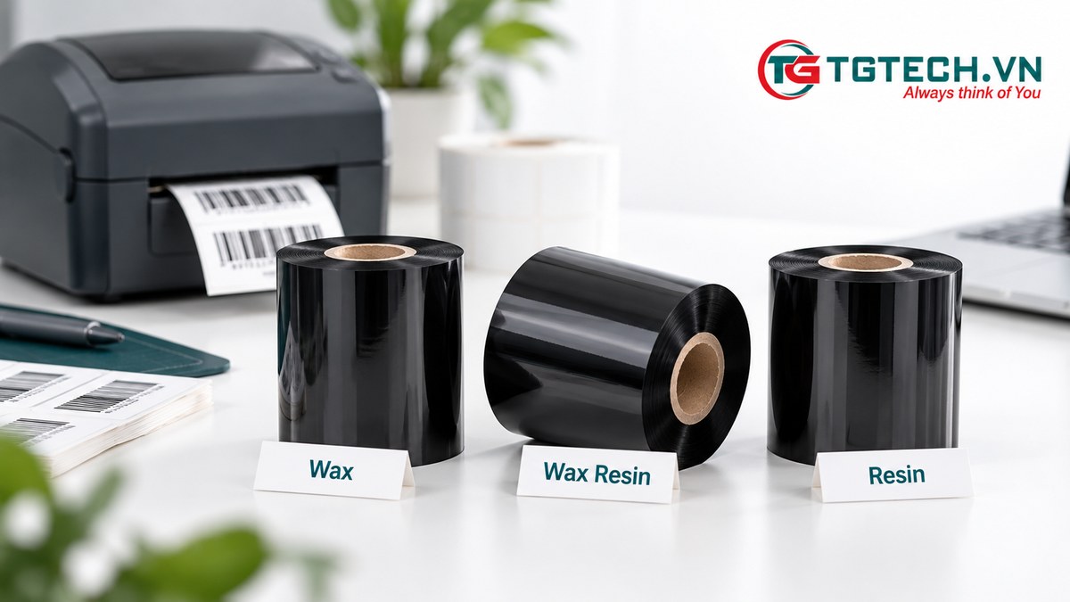 Ba cuộn ribbon được gắn nhãn Wax, Wax Resin và Resin