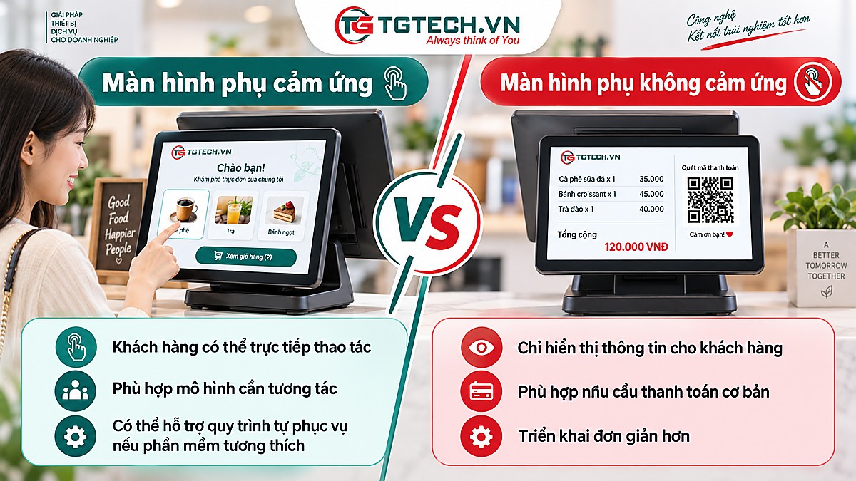 So sánh màn hình phụ POS cảm ứng và không cảm ứng