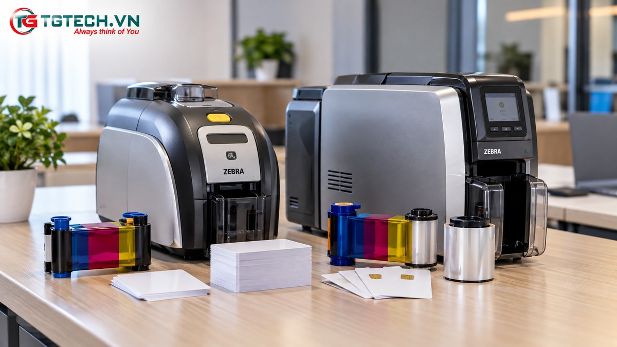 Máy in thẻ Zebra cùng ribbon màu transfer film và phôi thẻ minh họa Direct-to-Card và Retransfer