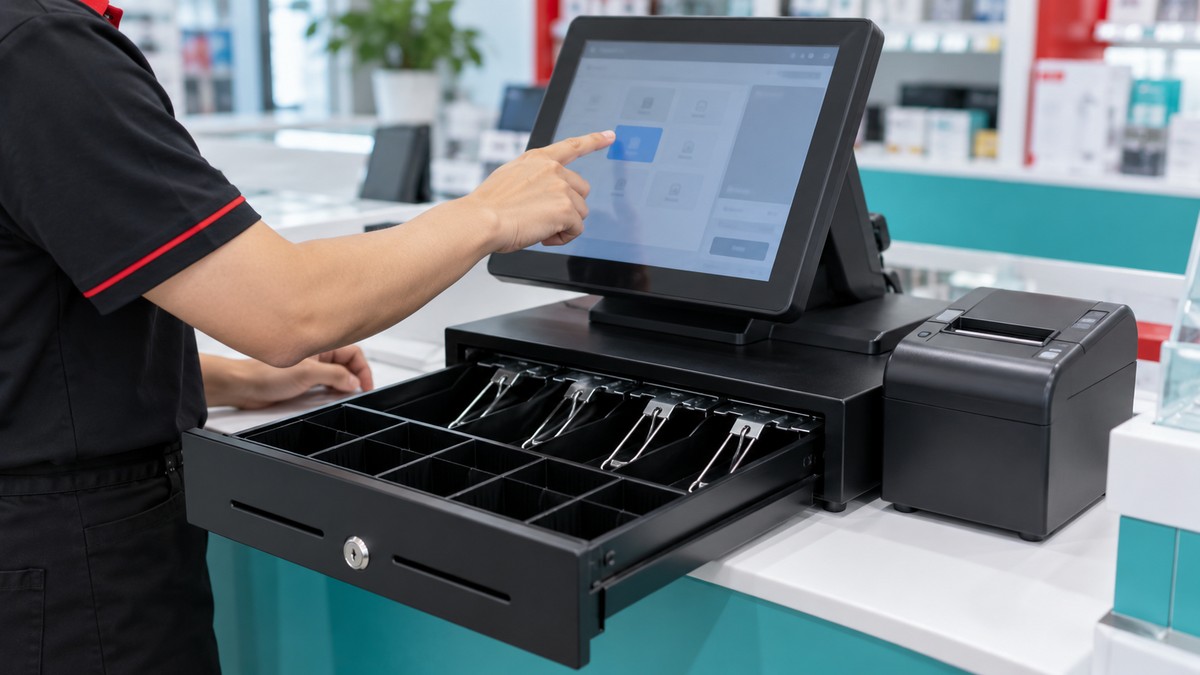 Kỹ thuật viên thao tác trên màn hình POS với két thu ngân đang mở cạnh máy in