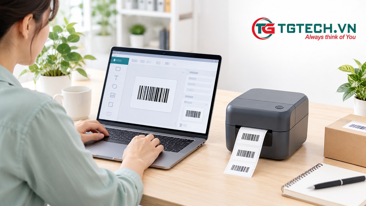 Nhân viên thử in tem từ máy tính với máy in để bàn