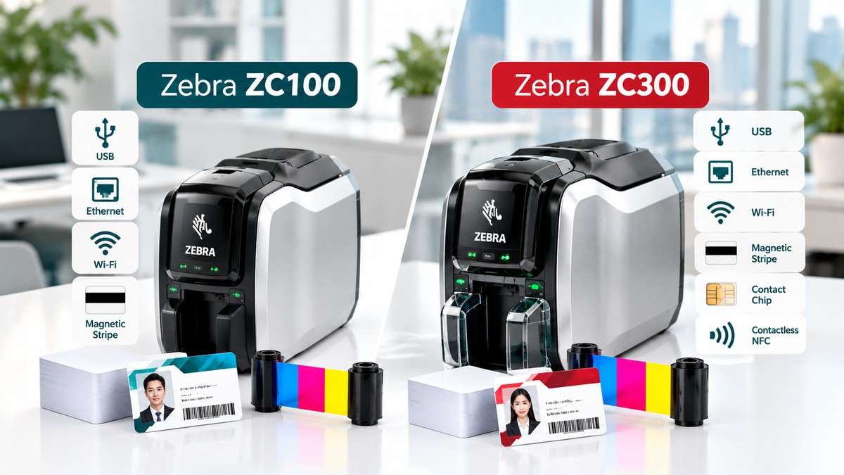So sánh kết nối và tùy chọn mã hóa thẻ trên Zebra ZC100 và ZC300