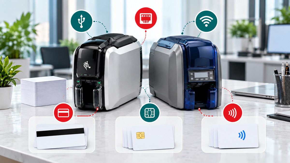 Minh họa kết nối và các loại thẻ mã hóa trên máy in thẻ Zebra và Datacard