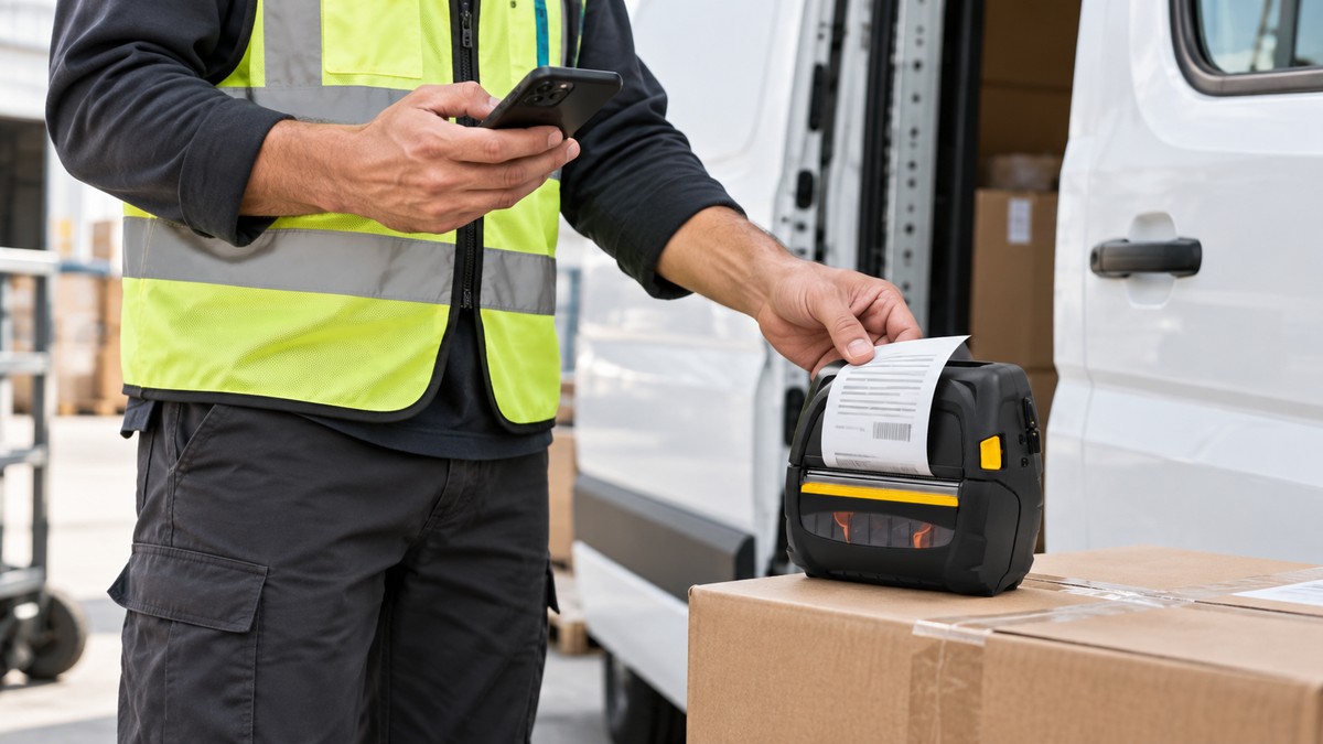 Nhân viên giao nhận thao tác điện thoại và máy in di động bên xe giao hàng