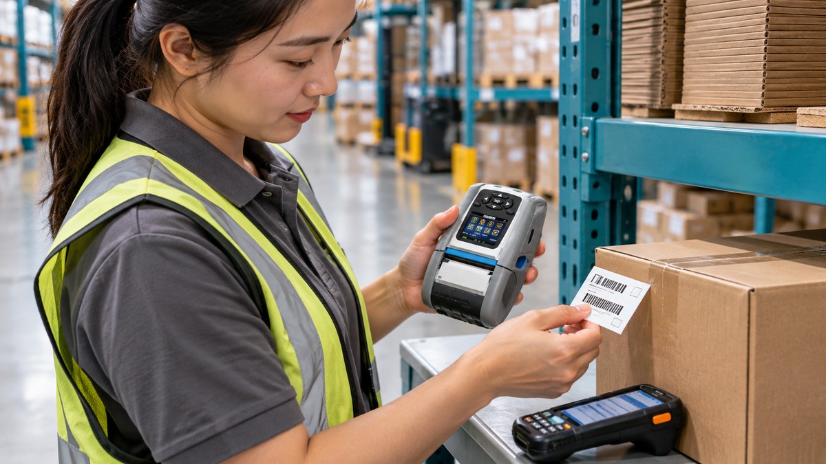Nhân viên dùng máy in di động và PDA để tạo nhãn ngay tại kệ kho